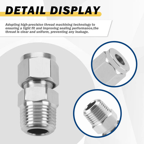 304 stainless steel compression tube fitting adapter, 1/8 in NPT male to 6 mm tube OD, with two ferrules