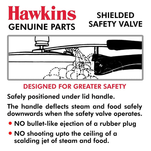 Hawkins aluminium safety valve for pressure cookers, black handle, shielded valve diagram with Hawkins Genuine Parts label