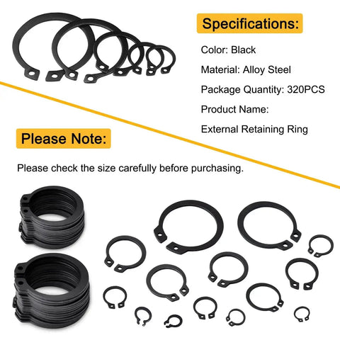 320Pcs External Snap Rings Kit 4mm To 28mm Alloy Steel C Clips 15 Sizes Heavy Duty Retaining Ring Assortment For Mechanical Automotive DIY Projects Black Finish