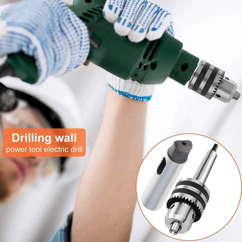 Morse taper adapter reducing sleeve attached to green drill; silver metal with knurled collar, side view; inset