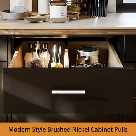 Open drawer with a modern style brushed nickel cabinet pull, beauty products inside, and a wooden countertop.