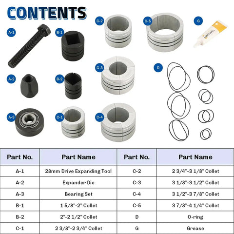 Contents of 28mm Exhaust Pipe Expander Tool Set for Tail Pipe and Muffler Spreader with collets, bearings, and grease tube.