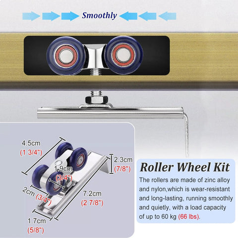 Smooth Glide Cabinet Sliding Door Kit With Double Rails For Kitchen And Wardrobe Interior Bypass Barn Door Hardware Wall Mount System For 36 48 Or 60 Inch Openings Champagne Finish Includes 4 Rollers And Aluminum Track close-up view of roller wheels and aluminum track.