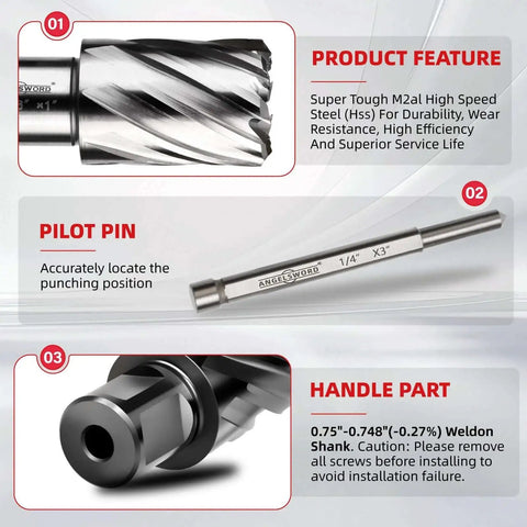 Premium HSS Annular Cutter Set For Magnetic Drill Press, 14 Pcs, M2 High Speed Steel, Cutter and Pilot Pin Features