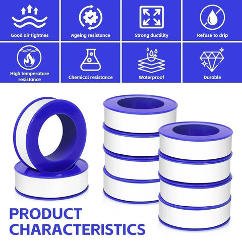 12 Rolls PTFE Teflon Tape For Plumbers 1/2 Inch By 520 Inches White Thread Sealant stacked with icons highlighting features