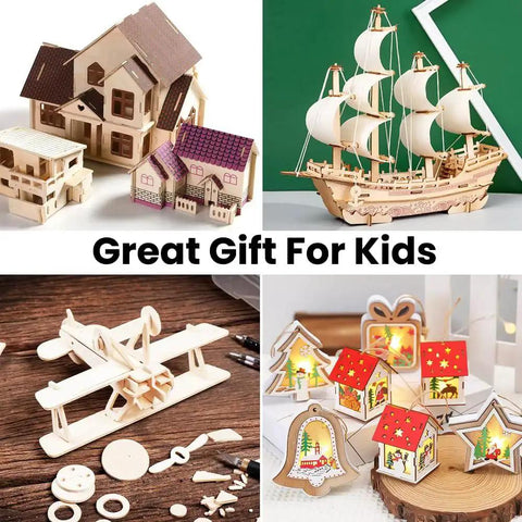 Various wooden craft models including houses, a ship, an airplane, and decorative lanterns, labeled as "Great Gift For Kids".