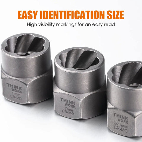 Heavy Duty Bolt Extractor Kit For Damaged Nuts And Bolts 18 Piece Set With Three Eighths Inch Drive Lug Nut Removal Tool For Rusted Stripped Fasteners Made Of Chrome Molybdenum Steel Thinkwork, close-up of three extractors with sizes.