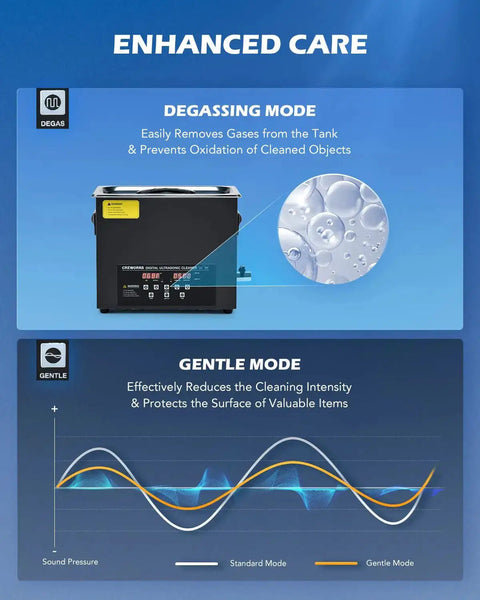 6L Ultrasonic Cleaner With Degas, Heater And Digital Control, 180W Power demonstrating degassing and gentle modes