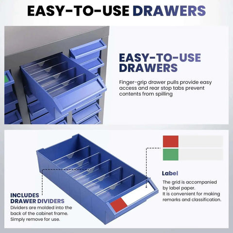 Close-up of Easy-to-Use Drawers on 40 Drawer Nut And Bolt Organizer Cabinet With ABS Drawers and Label Stickers.