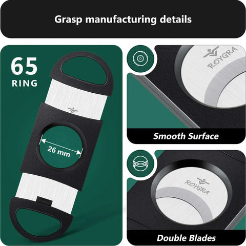 Image of the roygra Cigar Cutter Set (10 Pack), Enlarged 65 Ring Fit Almost Cigars, showing smooth surface and double blades.