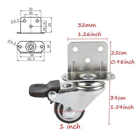 Diagram and measurements of 1 Inch Swivel Plate Casters With Brake, L Bracket Side Mount, TPR Rubber Quiet Mute Casters For Furniture Replacement.