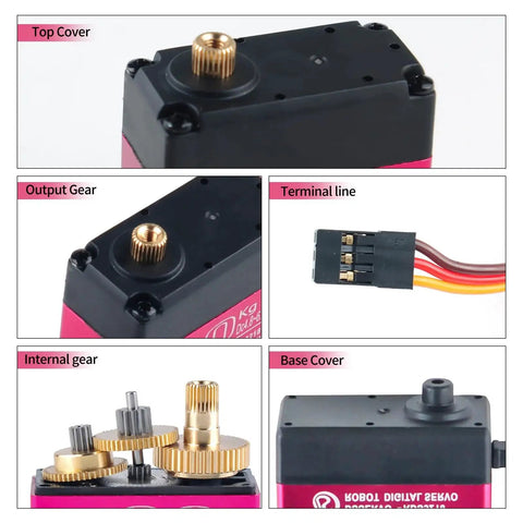 Wishiot RDS3218 20KG servo motor with pink housing and black top; brass output gear visible.