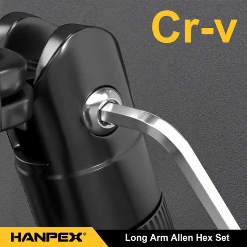 Close-up of Long Arm Ball End Hex Key Set Hanpex 18 Piece in use, Allen wrench inserted into a bolt, CR-V steel material visible.