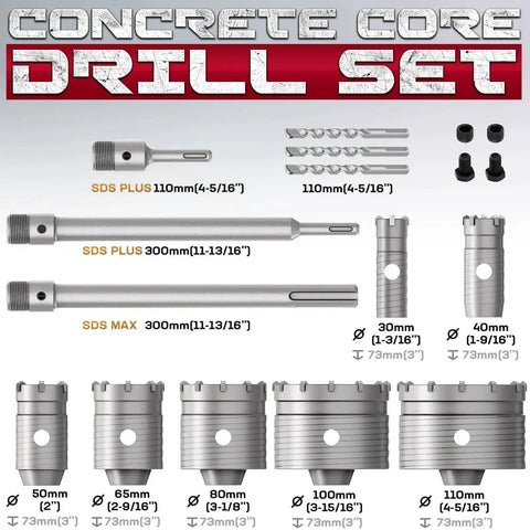 Durable Concrete Hole Saw Kit Set Of Twenty With Three Drill Bits And SDS Plus And SDS Max Shank For Masonry Drilling