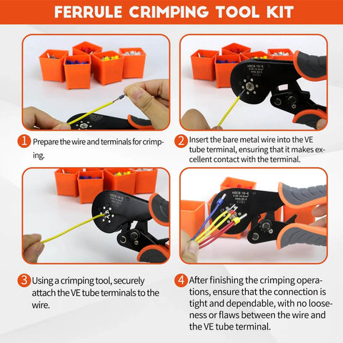 Crimping process using 2200 Piece Hexagonal Ferrule Crimping Tool Kit With Self Adjusting Wire Ferrule Crimper for electrical connectors