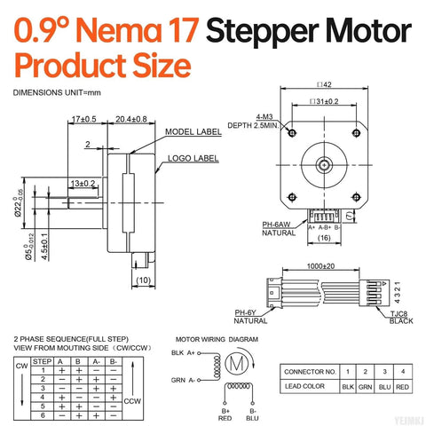Diagram showing dimensions and wiring for 0.9° Nema 17 Stepper Motor 2 Phase High Torque 0.09Nm 42x21mm for 3D printers and CNC machines.