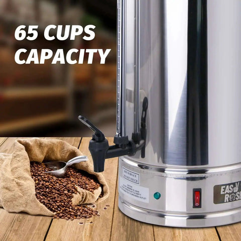 Close-up of a 65-Cup Commercial Coffee Urn with 10.5 Qt Capacity, 1250W Stainless Steel Percolator, shown next to coffee beans.