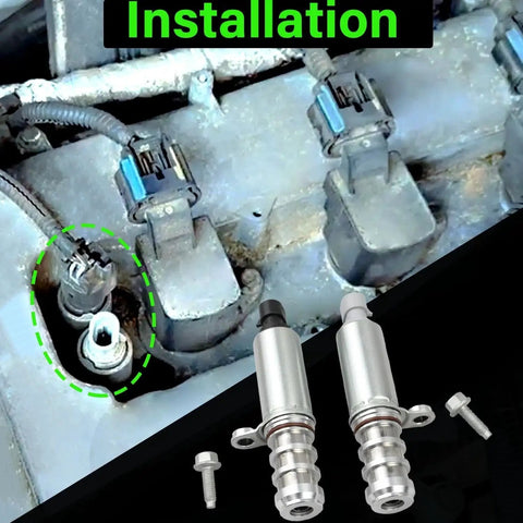Two Piece Engine VVT Intake And Exhaust Camshaft Variable Timing Solenoid Valve Kit For GM 2 0L 2 2L And 2 4L Engines Fits 2010 2017 Equinox HHR Malibu Cobalt Captiva Orlando Terrain And More Replaces OE 12655421 12655420 Plug And Play Ready shown during installation