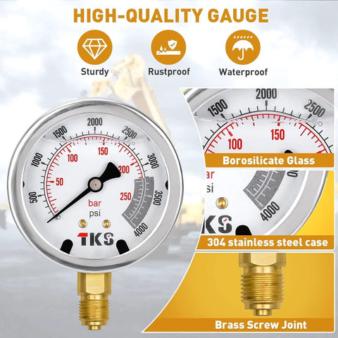 HOTROSE Hydraulic Pressure Test Gauge kit; 304 stainless steel case, borosilicate glass cover, brass screw joint