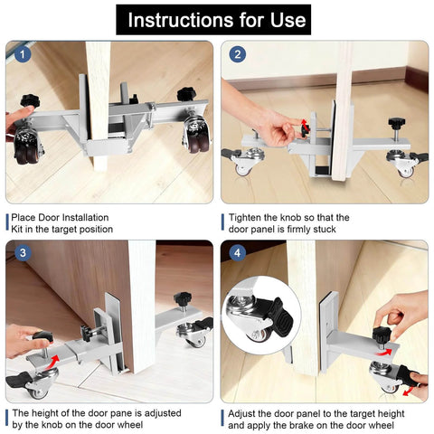 Heavy Duty Door Moving Kit With Dual Wheel Dolly, Upgraded Load Capacity, Adjustable From 0.8 To 2.3 Inches, Sturdy Steel Construction, Smooth Rollers For Transporting Doors Of All Types, Silver shown during installation with labeled steps