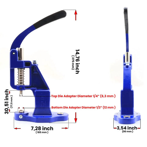 Side and front view of blue leather craft hole puncher set with hand press and dimensions, heavy duty steel for pro-grade DIY projects.