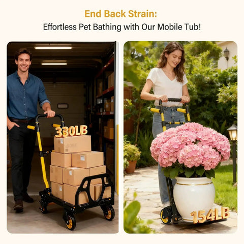 Heavy Duty Two In One Folding Hand Truck Dolly With Retractable Handle And Four Smooth Rubber Wheels, 330 Lb Capacity, shown carrying boxes and a plant pot