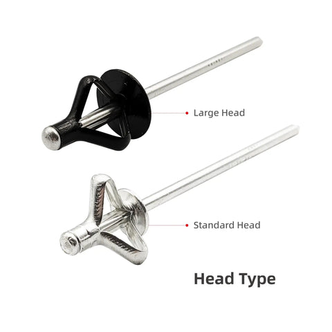 Tri-Fold Aluminum Blind Rivet Kit With 50 Pcs Tri Grip Bulb Style Pop Rivets For Automotive And Soft Plastic Materials Half Black Finish 3 16 By 25 32 Inch Large Head 5 8 Inch Length Pro Grade Rust Free Aluminum Fasteners And Easy Install showing large and standard head types.