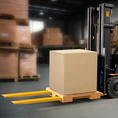 Forklift using 96 Inch Fork Extensions Six And Half Inch Wide Heavy Duty Pallet Fork Extenders in warehouse