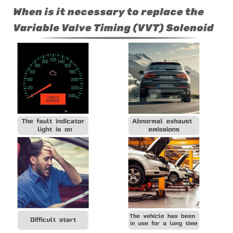 When to replace Variable Valve Timing Solenoid; fault indicator, exhaust emissions, difficult start, vehicle in use long time