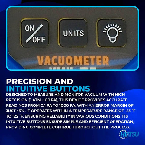 Close-up of control panel on Pro Grade Digital Vacuum Gauge With Aluminum Case For HVAC And Refrigeration, Ultra Wide Range From 1 ATM To 0.1 Pa, showing precision and intuitive buttons.