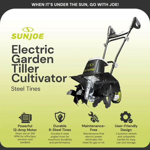 Corded Electric Garden Tiller And Cultivator With Steel Tines, 16 Inch Width, 12 Amp Motor on display with branding