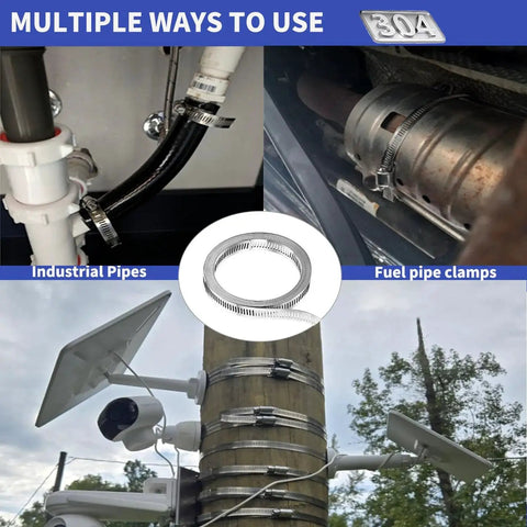 304 Stainless Steel Hose Clamp Kit With 33 Foot Metal Strap in various installations with industrial pipes and fuel pipe clamps.