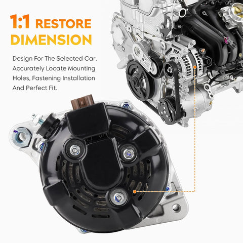 Close-up of Premium Replacement Beefed-Up Alternator 11137N with engine, fits Lexus ES350 RX350 Avalon Highlander Venza 3.5L.