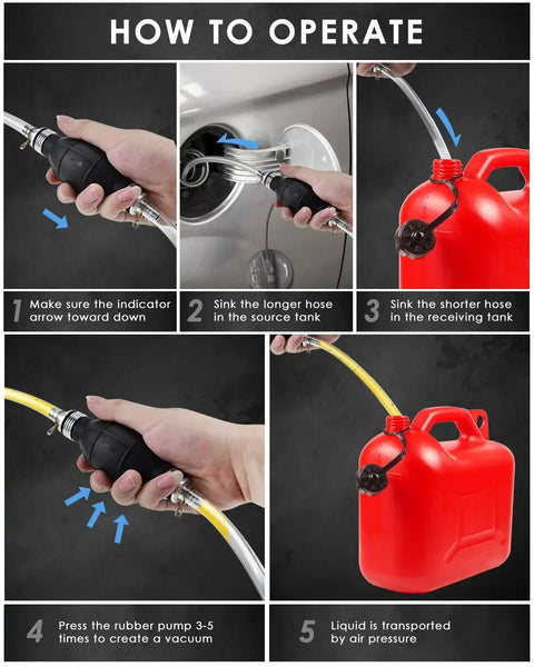 Instructions for using Portable Manual Gasoline Siphon Pump With Dual PVC Hoses For Oil And Water, showing setup and operation steps.