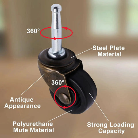 Antique Brass Swivel Casters Set Of 4 with rubber wheels, steel plate, and mute material, showing 360° rotation and strong capacity.