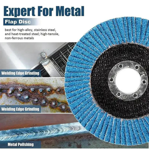 Premium Zirconia Flap Discs For Four And A Half Inch Angle Grinders 7 Eighths Inch Arbor 80 Grit High Density Efficient Sanding Stock And Rust Removal Finishing Grinding Deburring Blue displayed with metal grinding examples.