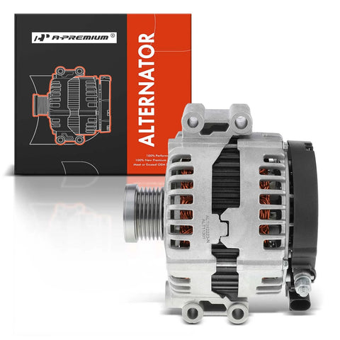 Front view of 180 Amp 12V Alternator For BMW 128i 2008 2013 328i 328xi 330i 528i X3 X5 2007 2010 2.5L 3.0L V6 with packaging