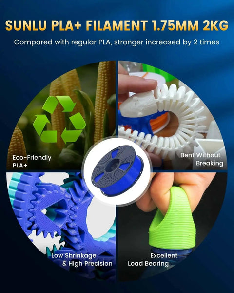 PLA Plus 2.0 1.75mm Filament Bundle showing eco-friendly, durability, low shrinkage, high precision, excellent load bearing.