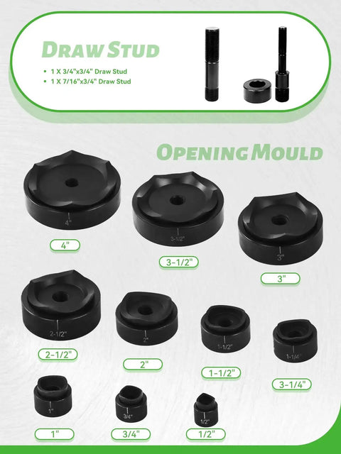 Heavy Duty 15 Ton Hydraulic Knockout Punch Driver Kit With Ten Die Set showing die sizes from 1/2 inch to 4 inch for electrical installations