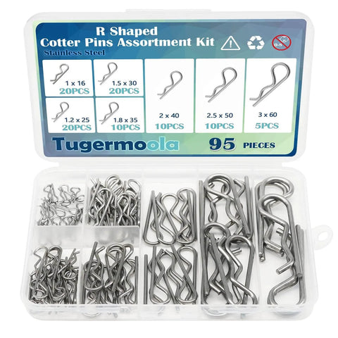 95 Piece Dope Stainless Steel Hitch Pin Clip Set With 7 Sizes R Shaped Cotter Pins Fasteners For Auto ATV Trailer And DIY Projects Includes M1x16 M1.2x25 M1.5x30 M1.8x35 M2x40 M2.5x50 And M3x6 in a clear plastic box