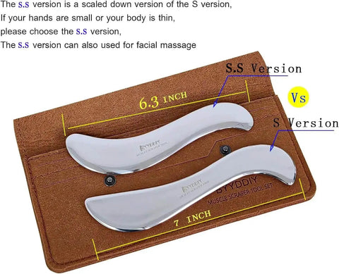 Stainless Steel Gua Sha Muscle Scraper Tool For Deep Tissue Release And Fascia Work Scar Tissue Breaker IASTM set on a leather case