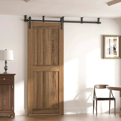 10 Ft Ceiling Mount Sliding Barn Door Hardware Kit Black With Low Ceiling L Shape Bracket System, installed with wooden door