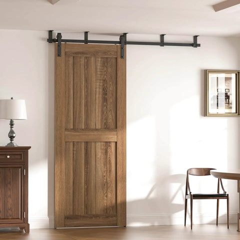 7.5 Foot Ceiling Mount Sliding Barn Door Hardware Kit Black With Low Ceiling L Shape Bracket System installed on wood door.
