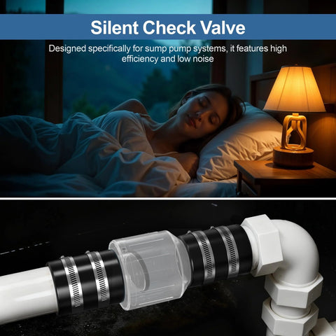 Silent Check Valve banner image featuring a sleeping person in bed and a bedside lamp
1-1/2 inch silent check valve with clear body, Buna-N couplings and stainless clamps on piping