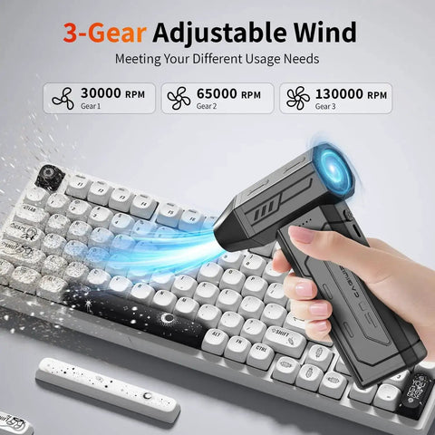 Powerful 130000 RPM Cordless Air Duster With LED Light, 3 Gear Adjustable Mini Blower in use on a keyboard