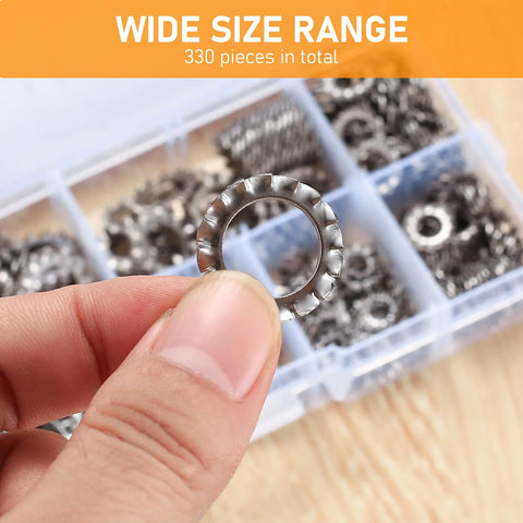 External tooth star lock washer, stainless steel, M2.5–M12 size assortment, 330 pieces in organizer box