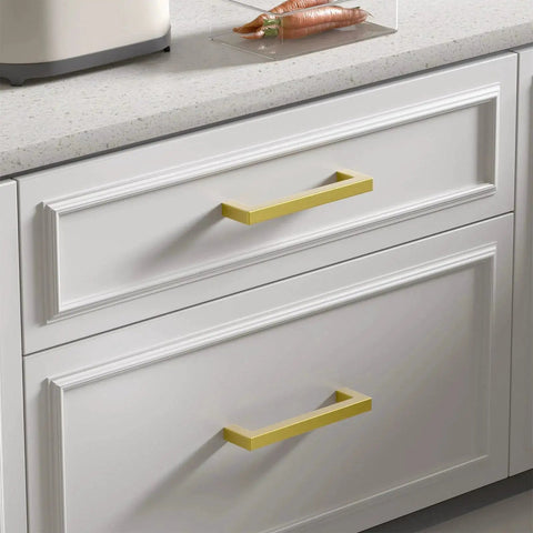 10 Pack 5 Inch Brushed Gold Cabinet Pulls Set For Kitchen Cabinets Modern Handles With Gold Drawer Pulls Stainless Steel Hardware Durable Hollow Construction And Smooth Mounting Holes For Easy Replacement Or Upgrading on white drawers