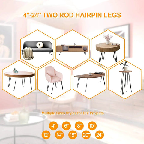 Heavy Duty Hairpin Leg Set For Furniture 10 Inch Three Eighths Inch Solid Iron Black Metal Table Legs Four Pack With Floor Protectors Ideal For Dresser Bench Cabinet Stool And DIY Projects with various furniture styles.