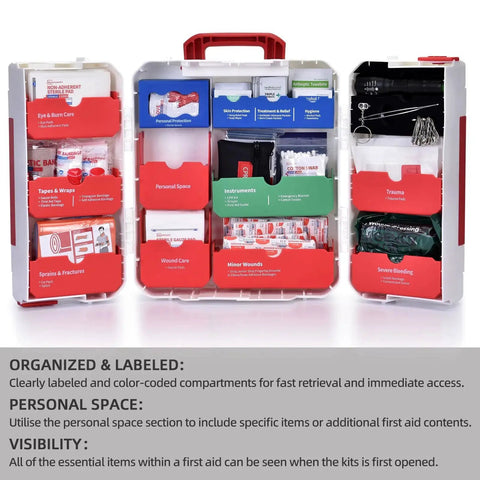 Boss Level Large 408 Piece Wall Mounted First Aid Kit open view showing labeled compartments and medical supplies