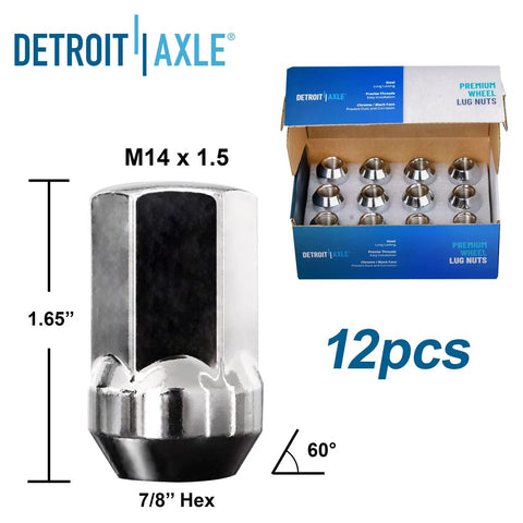 Box of 12 chrome lug nuts with specifications for Front Wheel Bearing And Hub Kit For 2011 2020 Dodge Durango And 2011 2019 Jeep Grand Cherokee.